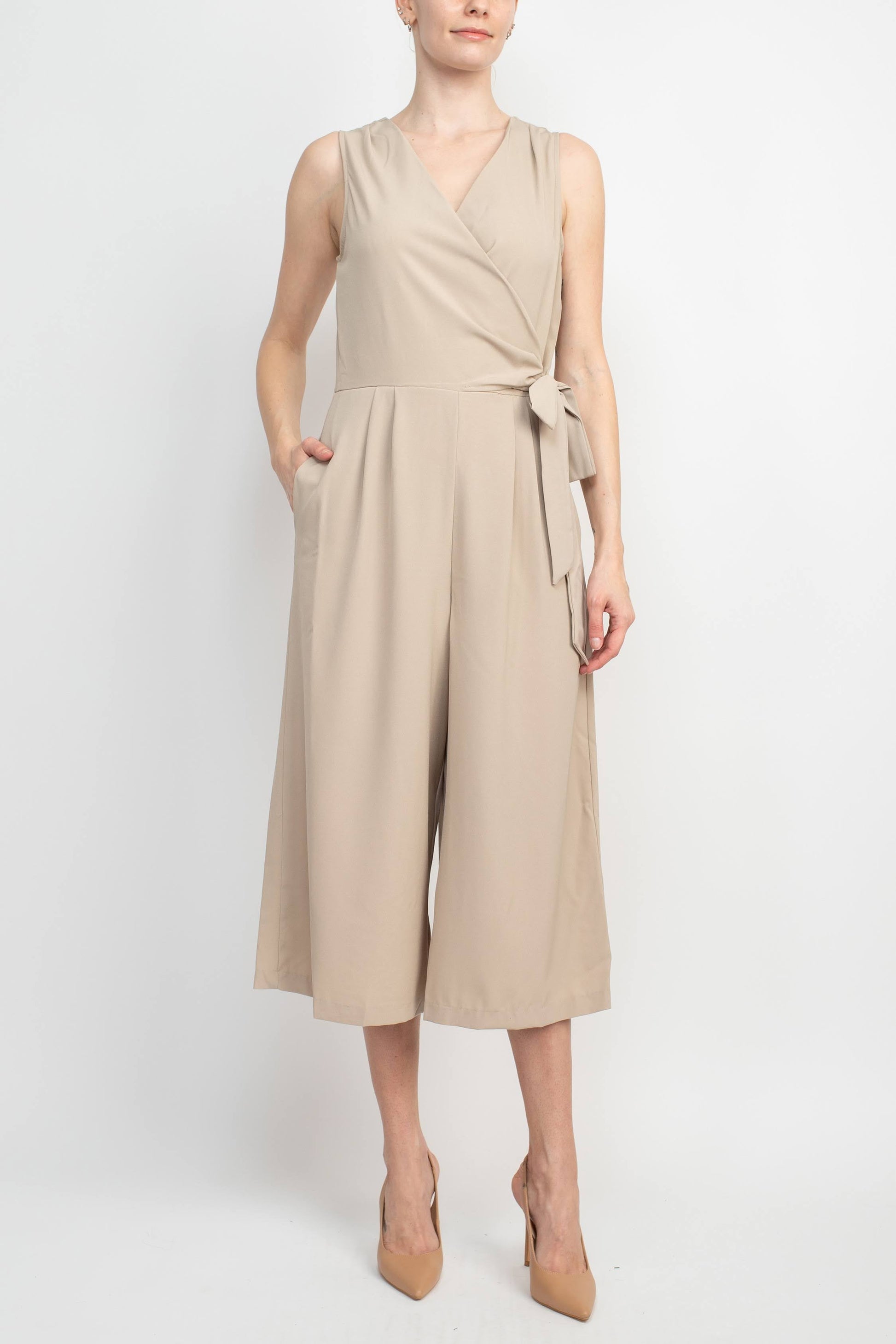 Emma & Michele V-Neck Sleeveless Tie Side Solid Pockets Crepe Jumpsuit-Clothes-Emma & Michele-SAND-10-Urbanheer