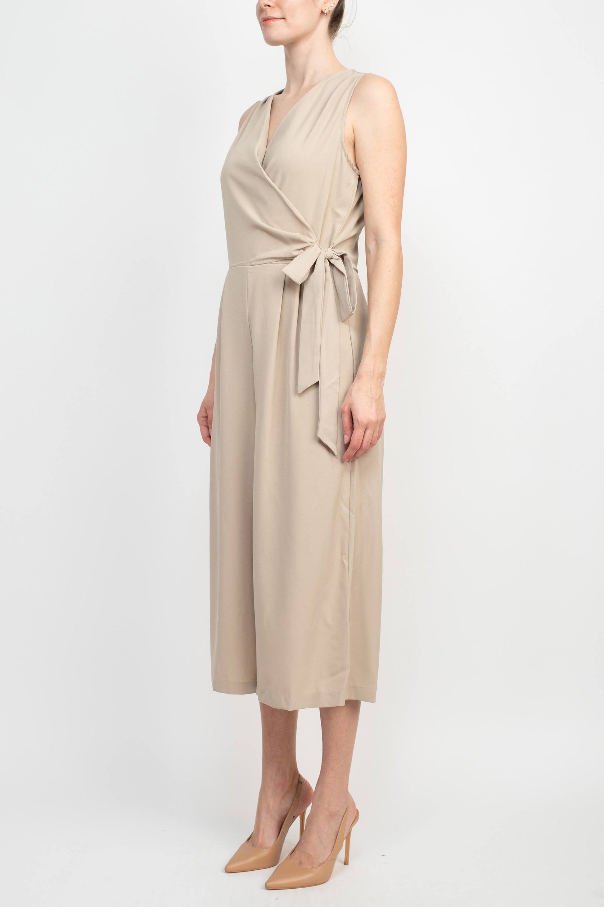 Emma & Michele V-Neck Sleeveless Tie Side Solid Pockets Crepe Jumpsuit-Clothes-Emma & Michele-SAND-10-Urbanheer