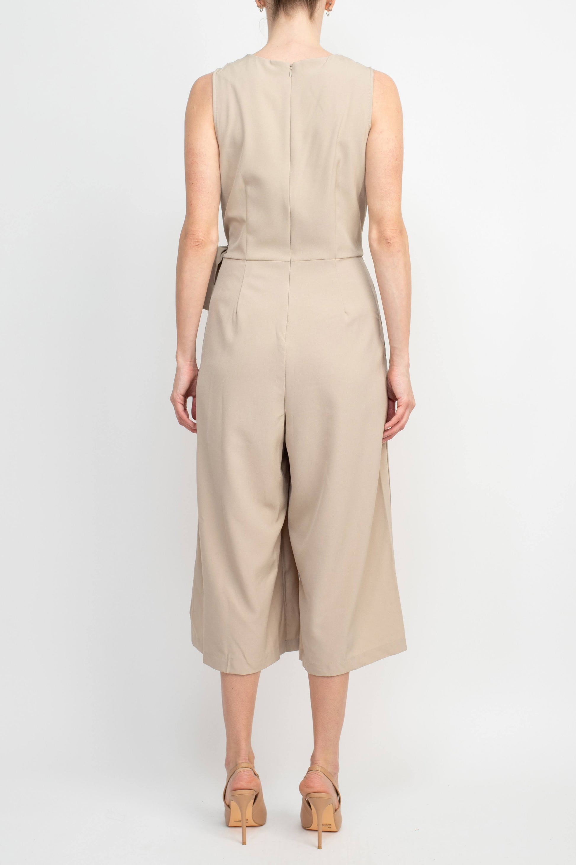 Emma & Michele V-Neck Sleeveless Tie Side Solid Pockets Crepe Jumpsuit-Clothes-Emma & Michele-SAND-10-Urbanheer