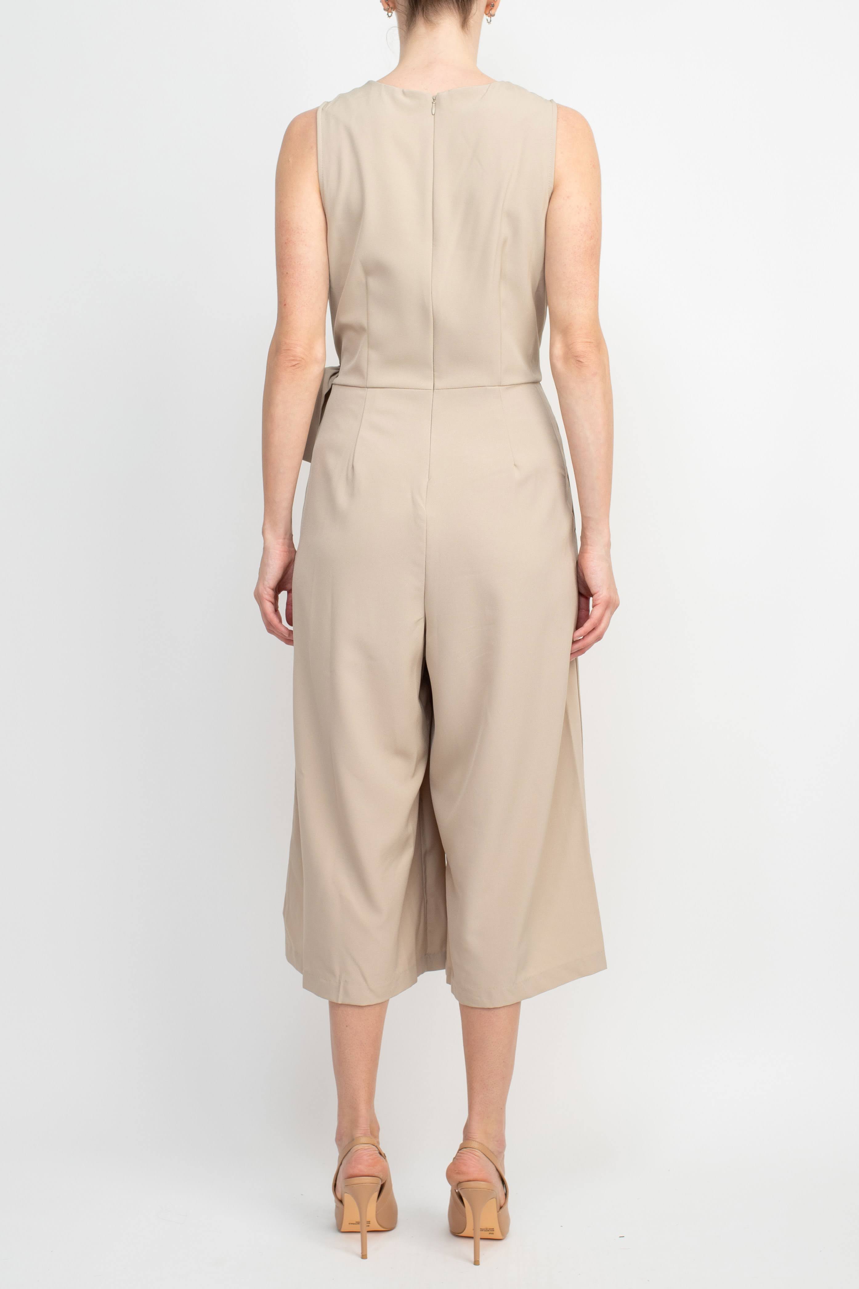 Emma & Michele V-Neck Sleeveless Tie Side Solid Pockets Crepe Jumpsuit-Clothes-Emma & Michele-SAND-10-Urbanheer