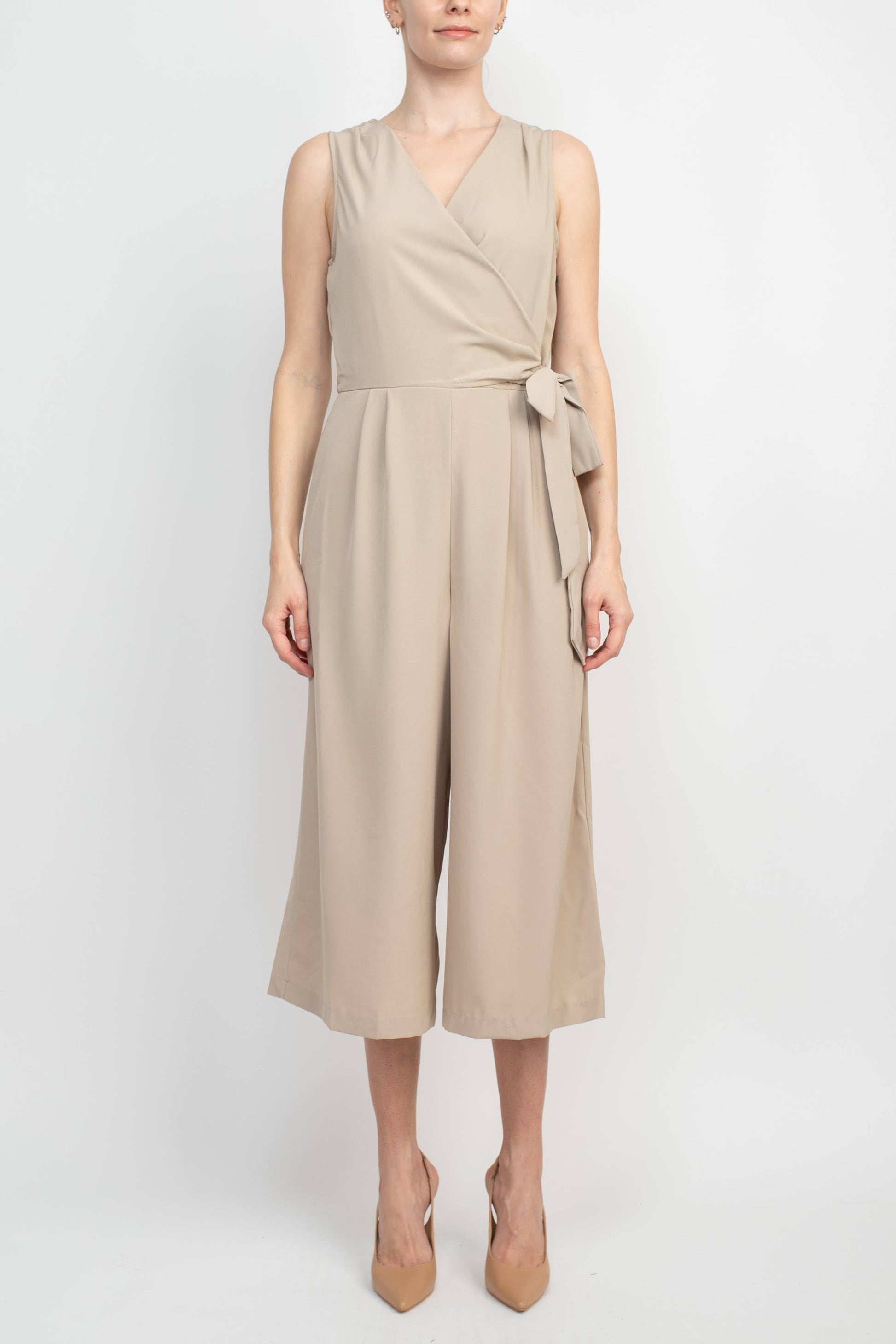 Emma & Michele V-Neck Sleeveless Tie Side Solid Pockets Crepe Jumpsuit-Clothes-Emma & Michele-SAND-10-Urbanheer