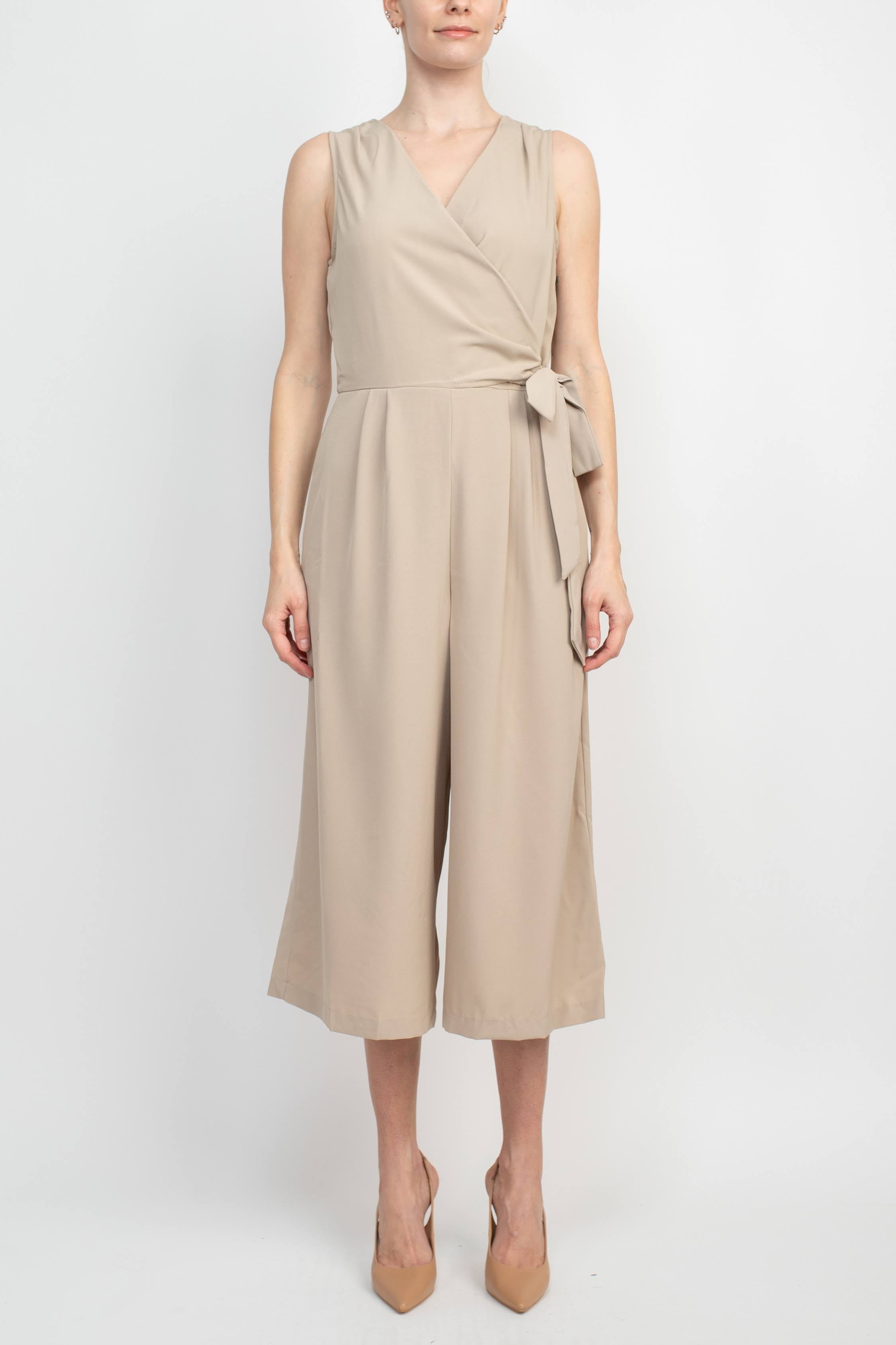 Emma & Michele V-Neck Sleeveless Tie Side Solid Pockets Crepe Jumpsuit-Clothes-Emma & Michele-SAND-10-Urbanheer