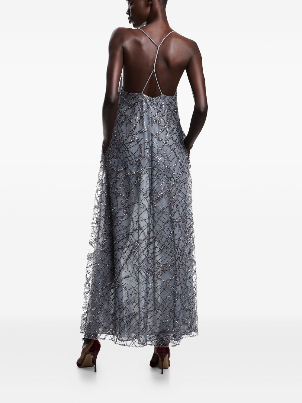 Emporio Armani Long tulle dress with all-over micro sequin and jet embroidery