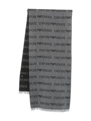 Emporio Armani Virgin Wool Blend Scarf With Jacquard Lettering Logo And Fringes