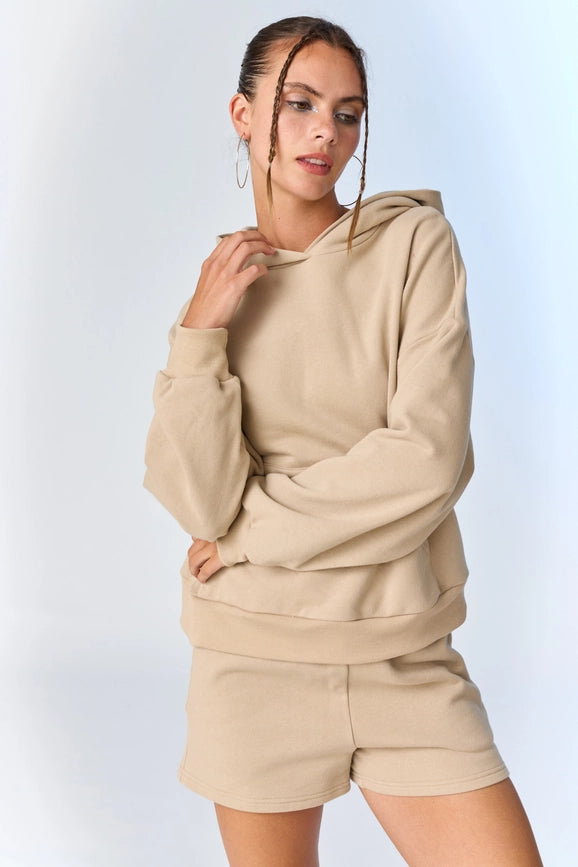 Esther Loose Fit Hooded Sweatshirt and Sweatshorts Set Taupe-Set-Papermoon-S-Taupe-Urbanheer