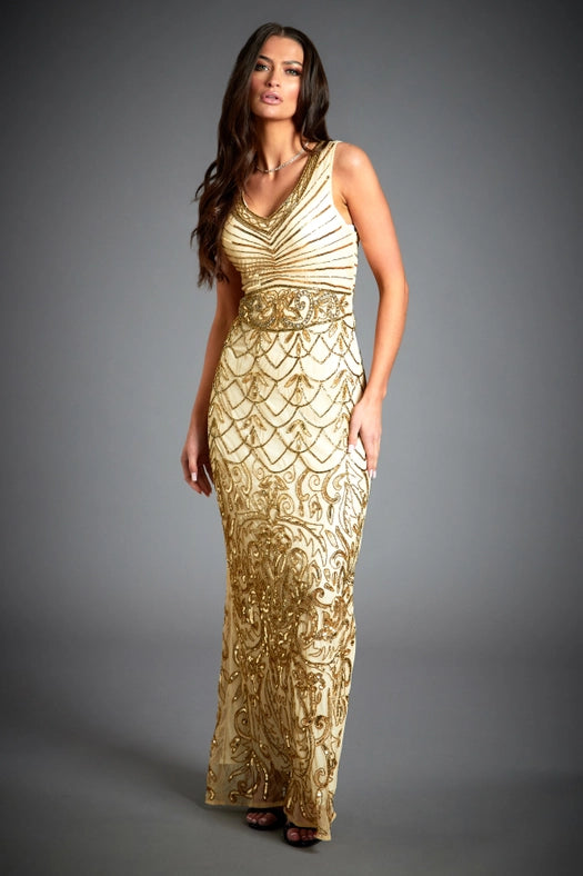 Eva Gold 1920s Embellished Wedding Maxi Dress-Dress-Jywal London®-S-Urbanheer