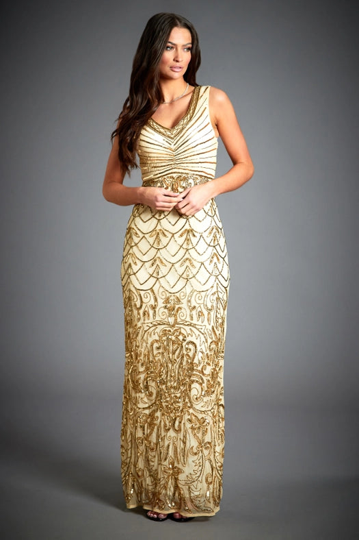 Eva Gold 1920s Embellished Wedding Maxi Dress-Dress-Jywal London®-S-Urbanheer