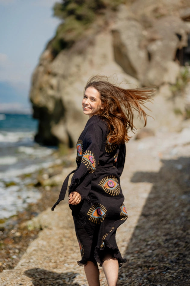 Evil Eye Robe Black-Kimono-Moa-W: 33.5“inches (85cm) L: 47.2“inches (120cm)-Urbanheer