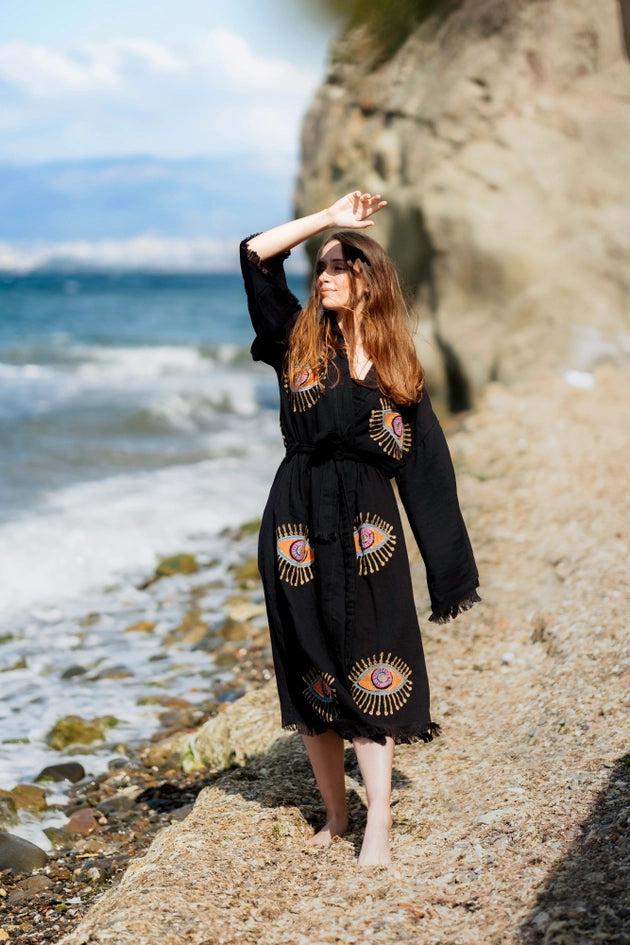 Evil Eye Robe Black-Kimono-Moa-W: 33.5“inches (85cm) L: 47.2“inches (120cm)-Urbanheer