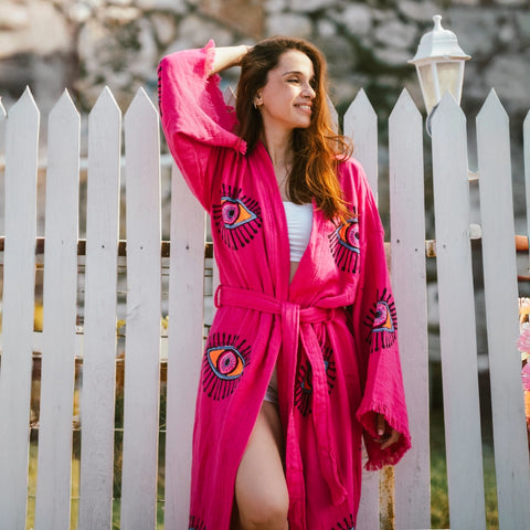 Evil Eye Robe Pink-Kimono-Moa-W: 33.5“inches (85cm) L: 47.2“inches (120cm)-Urbanheer