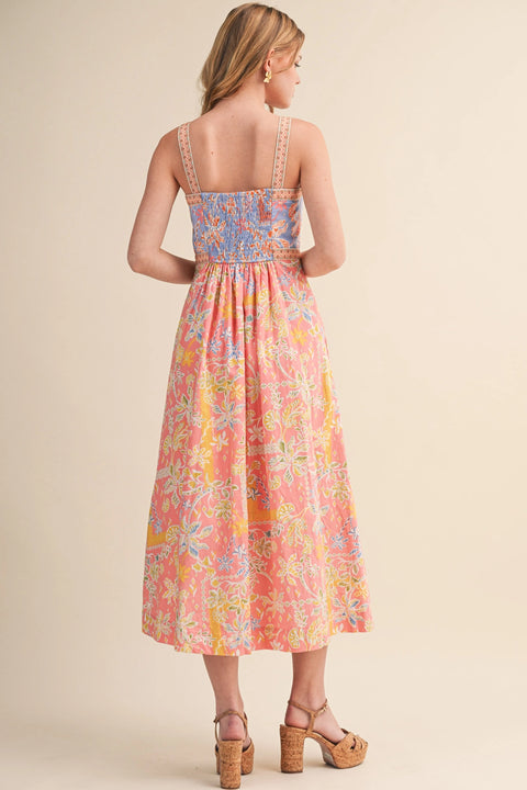Exclusive Floral Button Down Tape Trim Midi Dress