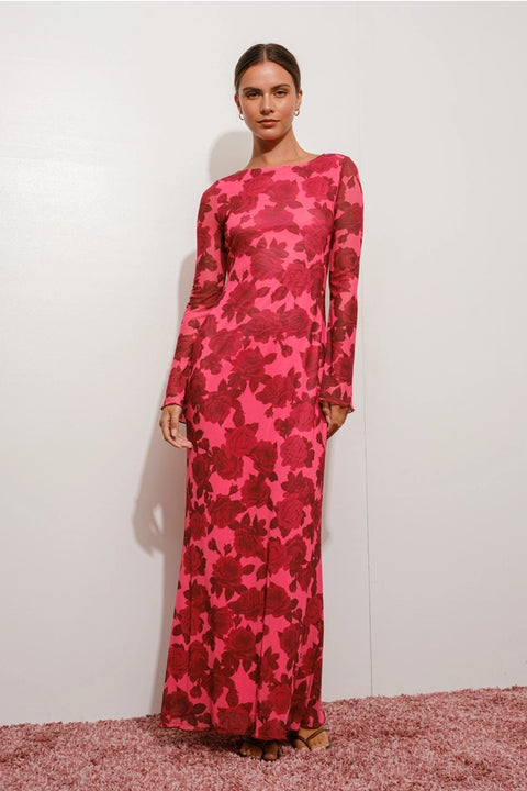 Exclusive Floral Print Bell Sleeve Maxi Dress-Dress-Pretty Garbage-S-Red-Urbanheer