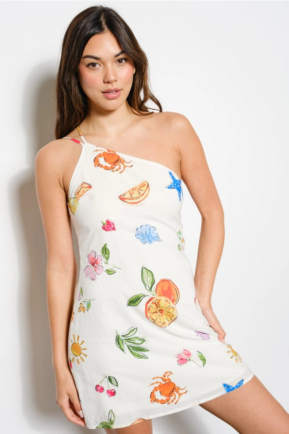 Exclusive Summer Print One Shoulder Mini Dress (Lookbook)-Dress-Pretty Garbage-S-Ivory Multi-Urbanheer
