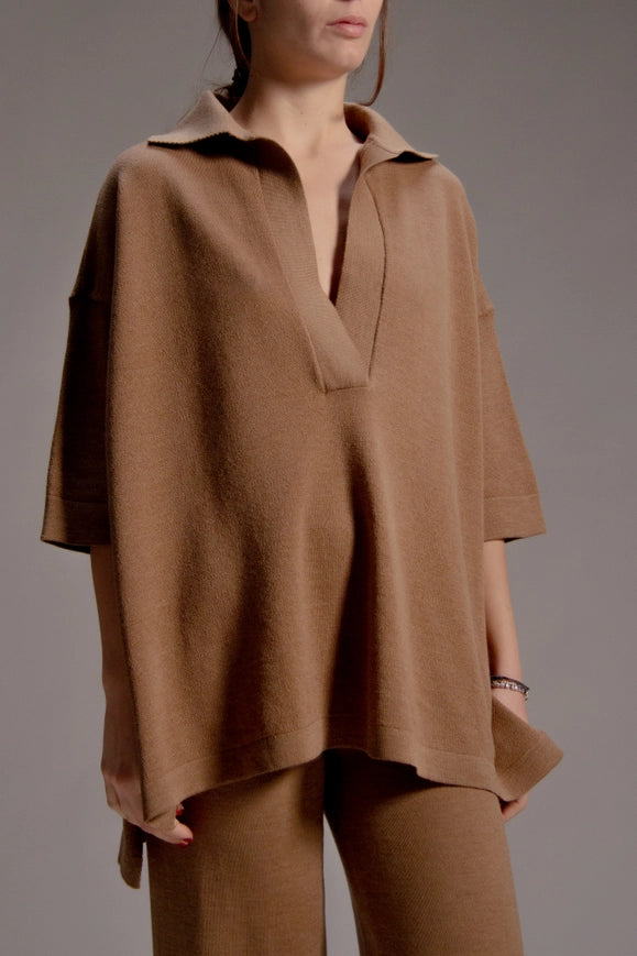 Extra Fine Merino Maxi Polo Sweater Camel-Sweater-LÈMME-S-Urbanheer