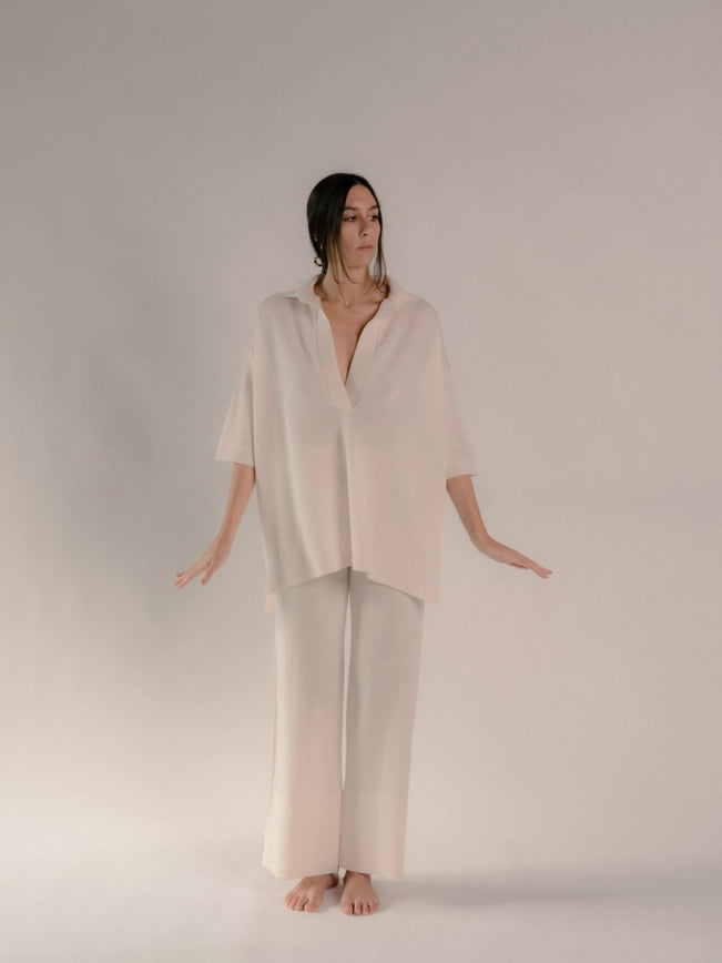 Extra Fine Merino Maxi Polo Sweater Ecrù-Sweater-LÈMME-S-Urbanheer