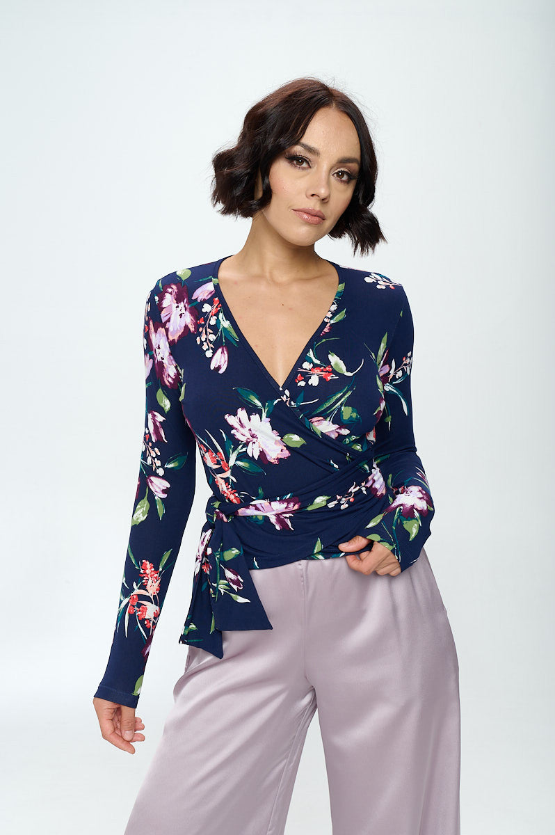 Extra Soft Flower Surplice Top w/Long Sleeve-Tops-Reneecollection-Urbanheer