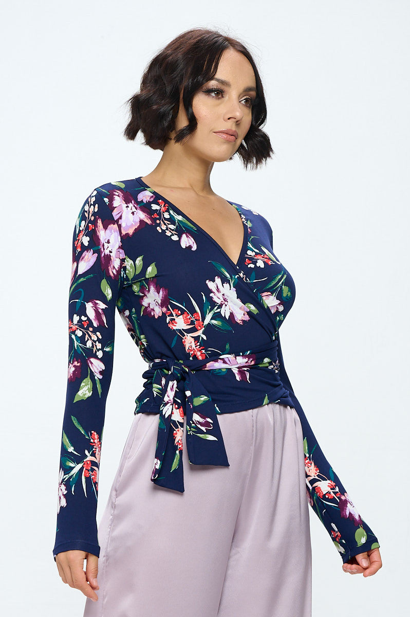 Extra Soft Flower Surplice Top w/Long Sleeve-Tops-Reneecollection-Urbanheer
