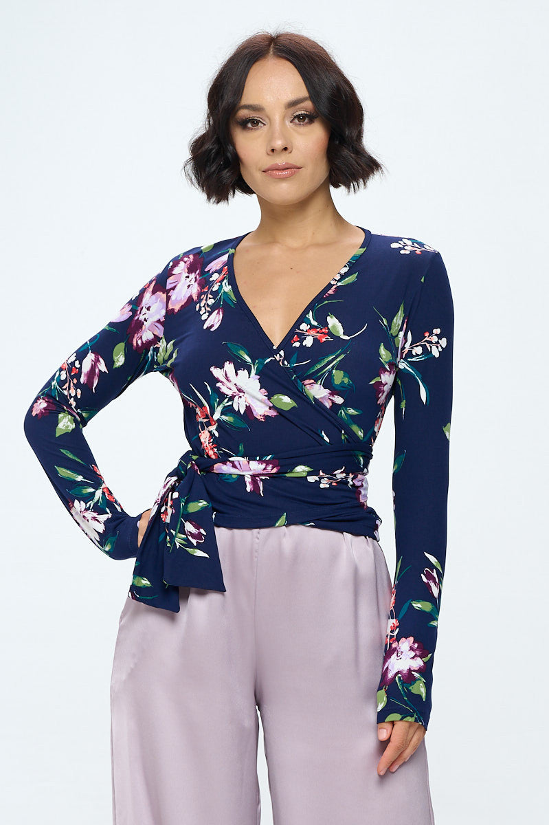 Extra Soft Flower Surplice Top w/Long Sleeve-Tops-Reneecollection-Urbanheer