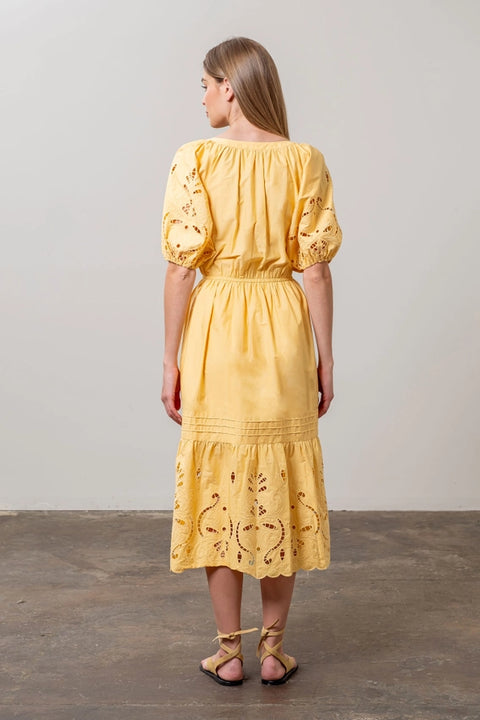 Eyelet Detail Waist Tie Midi Dress-Dress-Moon River-XS-LIGHT YELLOW-Urbanheer