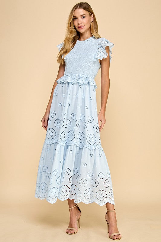 Eyelet Lace Scalloped Hem Ruffle Detail Dress-Dress-TCEC-S-BABY BLUE-Urbanheer