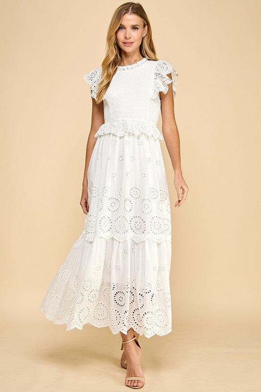 Eyelet Lace Scalloped Hem Ruffle Detail Dress-Dress-TCEC-S-White-Urbanheer