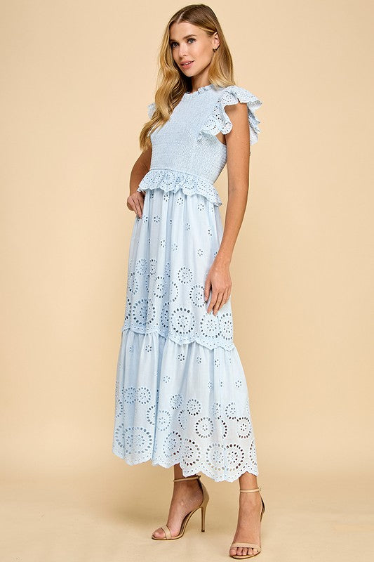 Eyelet Lace Scalloped Hem Ruffle Detail Dress-Dress-TCEC-S-BABY BLUE-Urbanheer