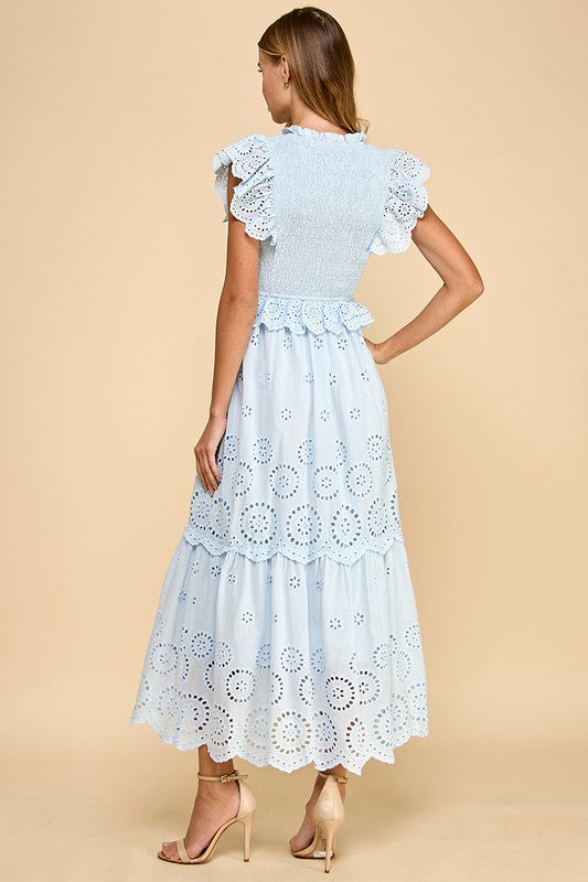 Eyelet Lace Scalloped Hem Ruffle Detail Dress-Dress-TCEC-S-BABY BLUE-Urbanheer