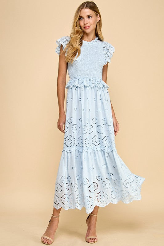 Eyelet Lace Scalloped Hem Ruffle Detail Dress-Dress-TCEC-S-BABY BLUE-Urbanheer