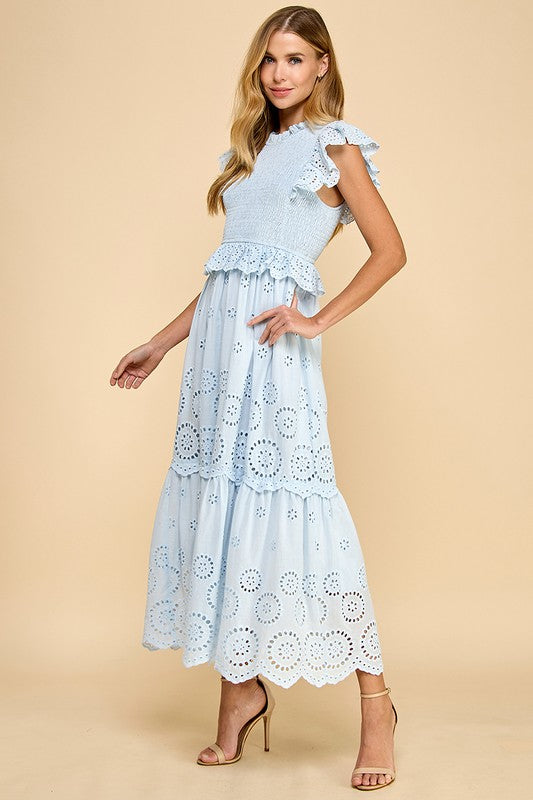 Eyelet Lace Scalloped Hem Ruffle Detail Dress-Dress-TCEC-S-BABY BLUE-Urbanheer