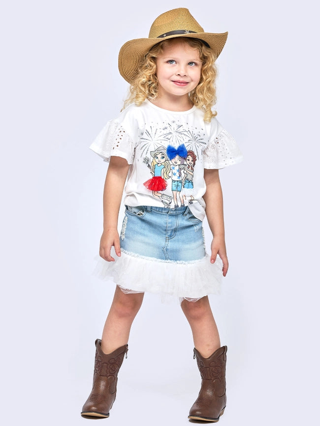 Eyelet Sleeve Top w/ Friends Under Fireworks Graphic-Top-Hannah Banana-12M-WHITEMULTI-Urbanheer