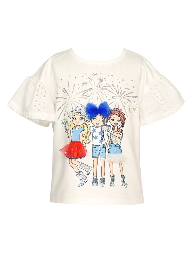 Eyelet Sleeve Top w/ Friends Under Fireworks Graphic-Top-Hannah Banana-12M-WHITEMULTI-Urbanheer