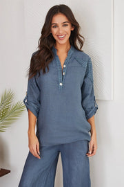 Eyelet Star Patch Roll Up Sleeve Linen Top Slb-TOP-VENTI6-S-Urbanheer