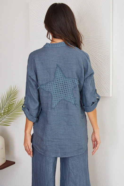 Eyelet Star Patch Roll Up Sleeve Linen Top Slb-TOP-VENTI6-S-Urbanheer