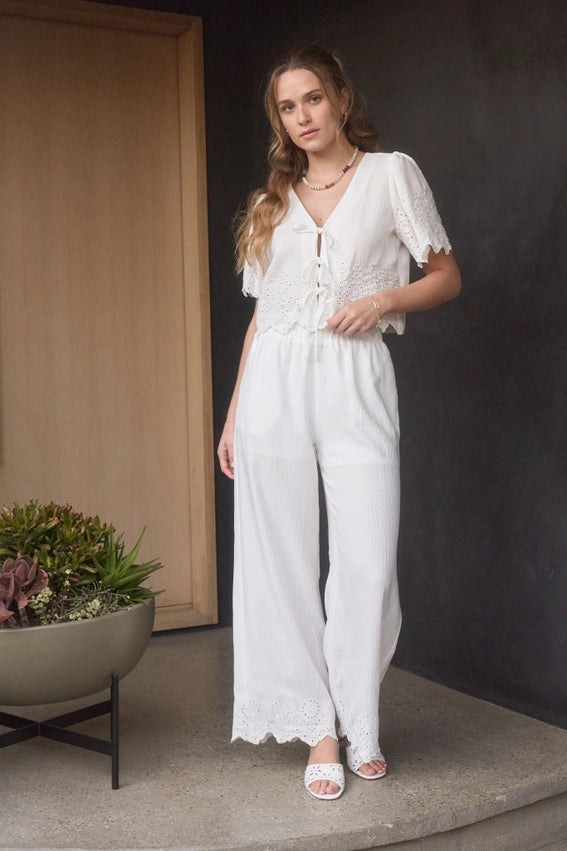 Eyelet Trim Front Tie Blouse and Wide Leg Pant Set WHITE-Set-Moon River-XS-WHITE-Urbanheer