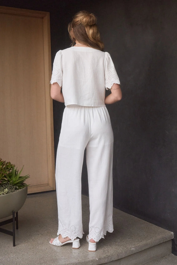 Eyelet Trim Front Tie Blouse and Wide Leg Pant Set WHITE-Set-Moon River-XS-WHITE-Urbanheer