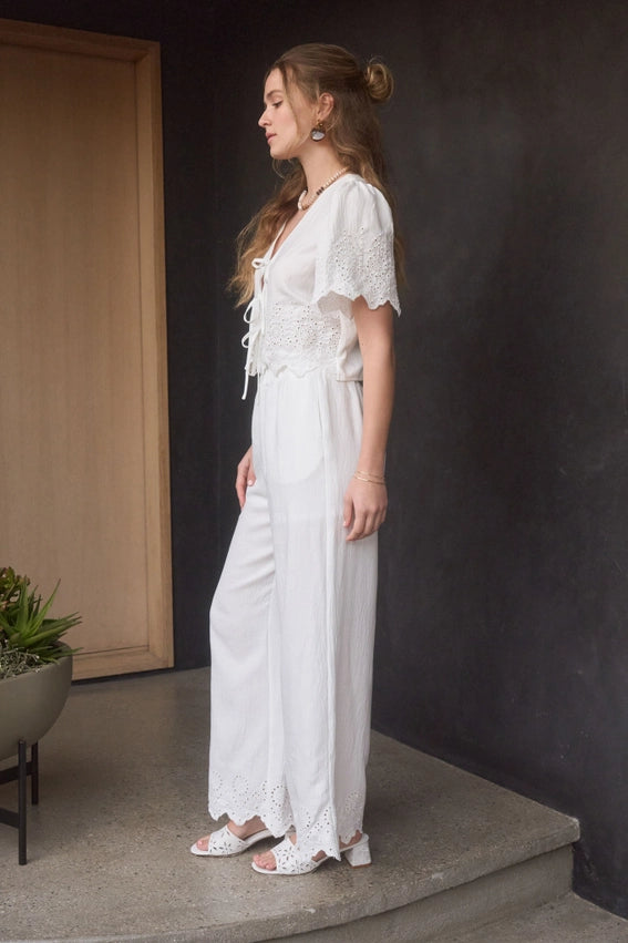 Eyelet Trim Front Tie Blouse and Wide Leg Pant Set WHITE-Set-Moon River-XS-WHITE-Urbanheer