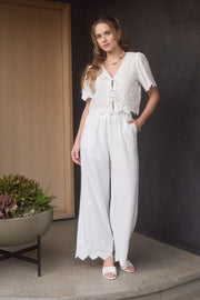 Eyelet Trim Front Tie Blouse and Wide Leg Pant Set WHITE-Set-Moon River-XS-WHITE-Urbanheer