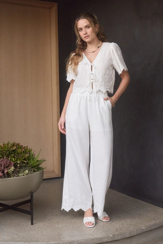 Eyelet Trim Front Tie Blouse and Wide Leg Pant Set WHITE-Set-Moon River-XS-WHITE-Urbanheer