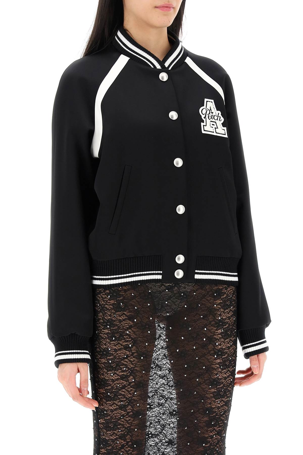 Alessandra Rich Satin Bomber Jacket With Logo Patch-Alessandra Rich-40-Urbanheer