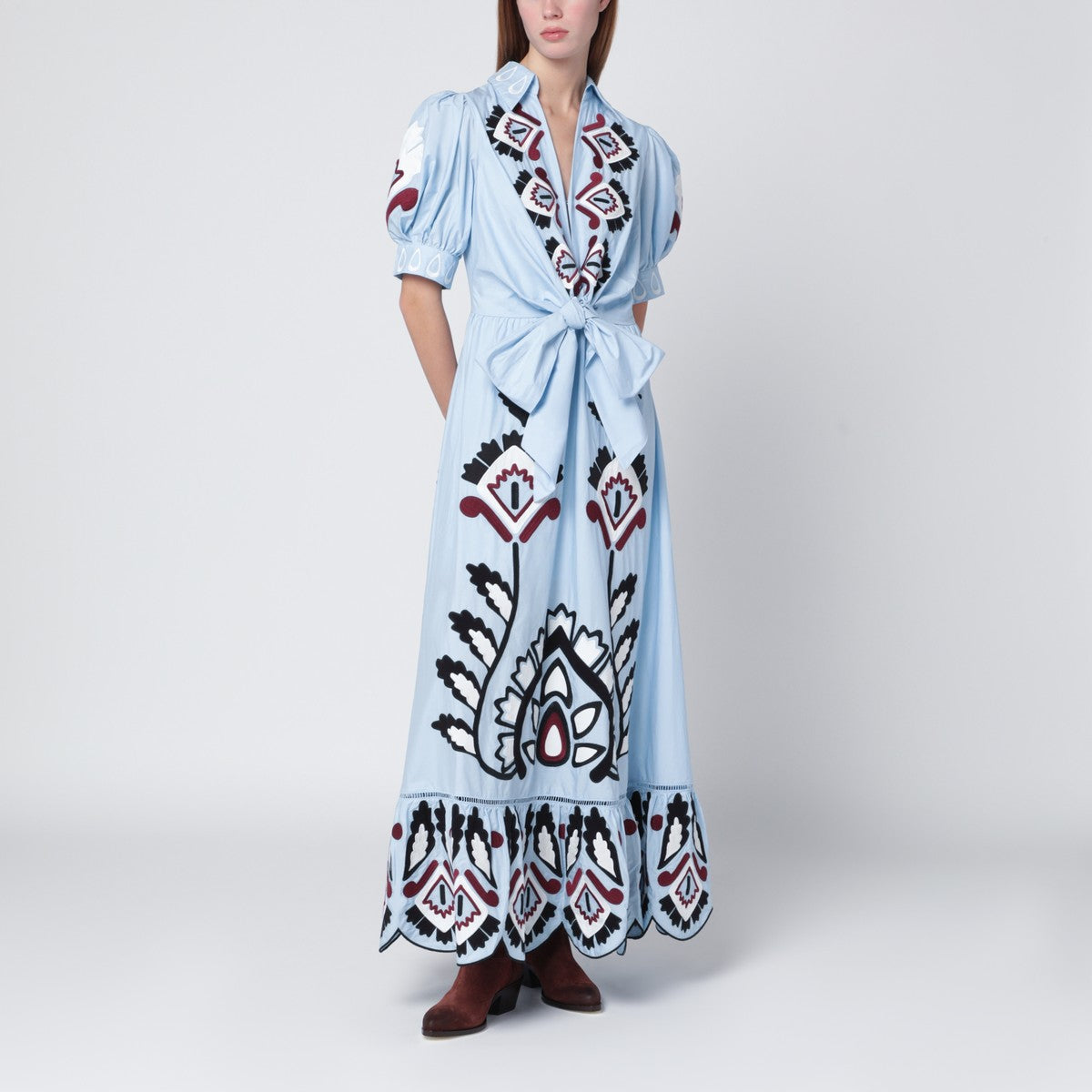 FARM Rio Light blue embroidered long dress with bow
