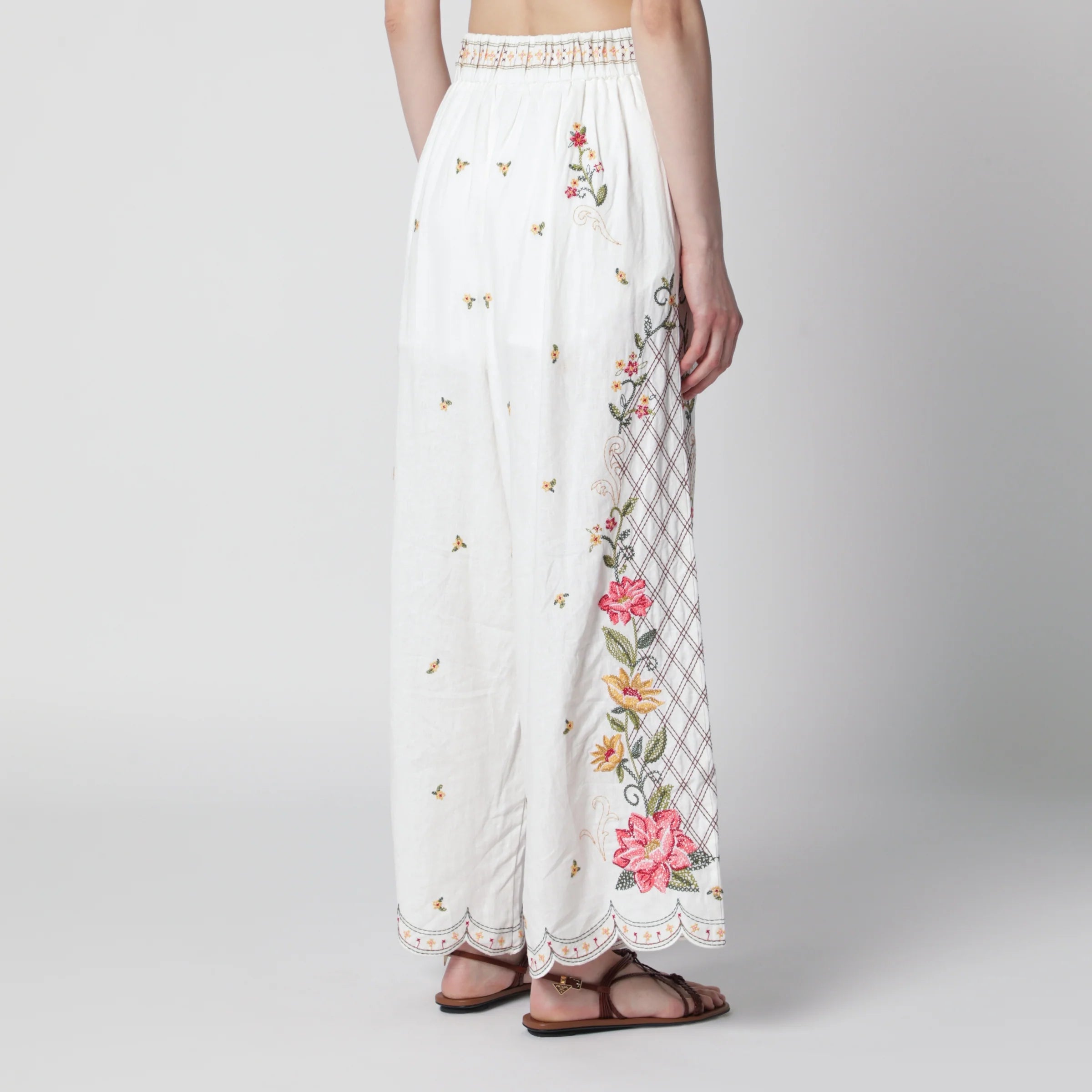 FARM Rio Linen-blend trousers with floral embroidery