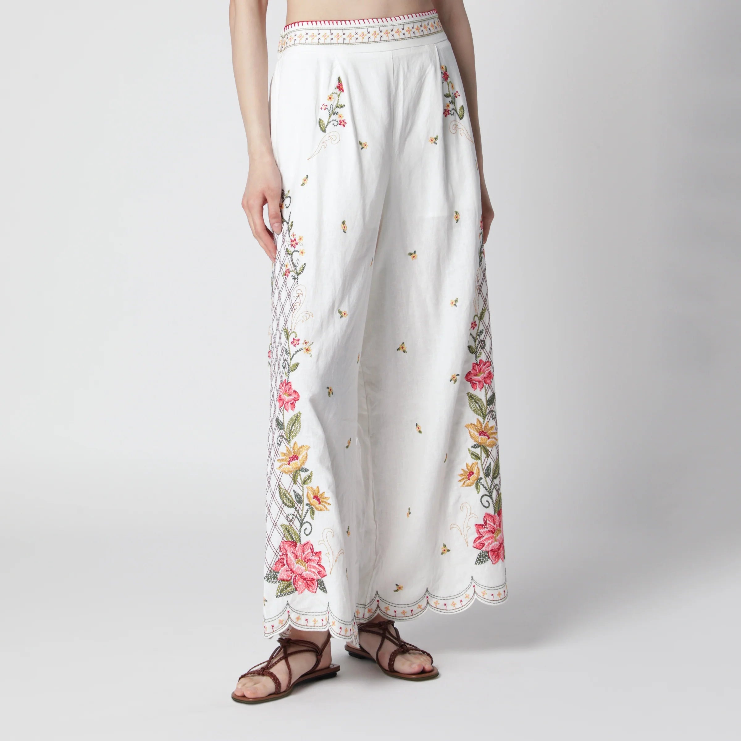 FARM Rio Linen-blend trousers with floral embroidery