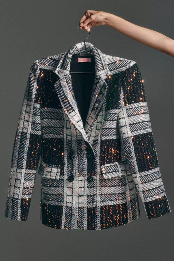 Fall Holiday Plaid Sequin Double Breasted Blazer-Blazer-Eva Franco-XXS-Black Motif-Urbanheer