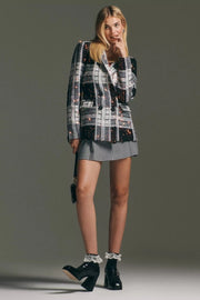 Fall Holiday Plaid Sequin Double Breasted Blazer-Blazer-Eva Franco-XXS-Black Motif-Urbanheer