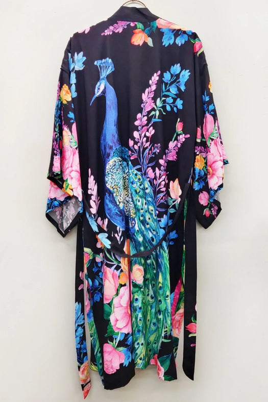 Fantasy Kimono Black peacock print-Kimono-Aratta-XS-Black peacock print-Urbanheer