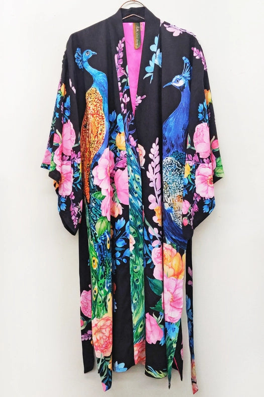 Fantasy Kimono Black peacock print-Kimono-Aratta-XS-Black peacock print-Urbanheer