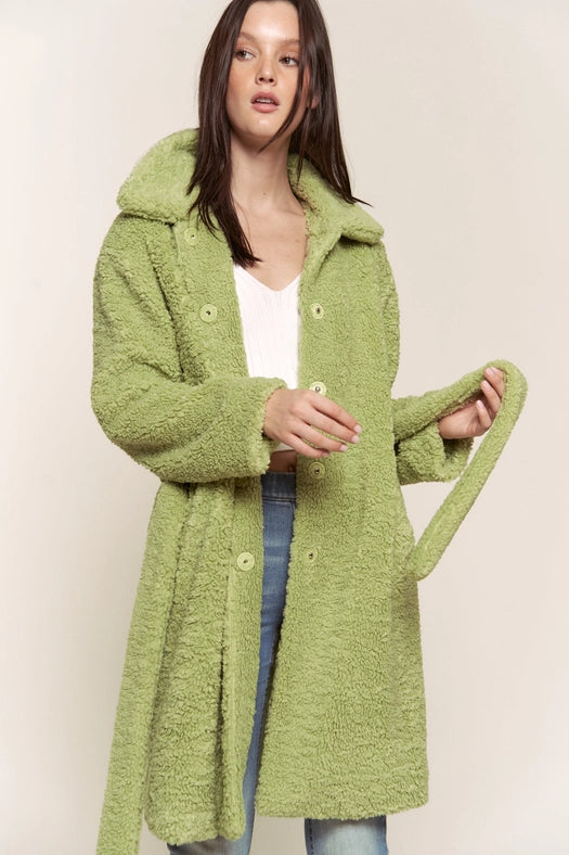 Faux Fur Belted Midi Length Jacket GREEN-Jacket-Hers & Mine-S-GREEN-Urbanheer