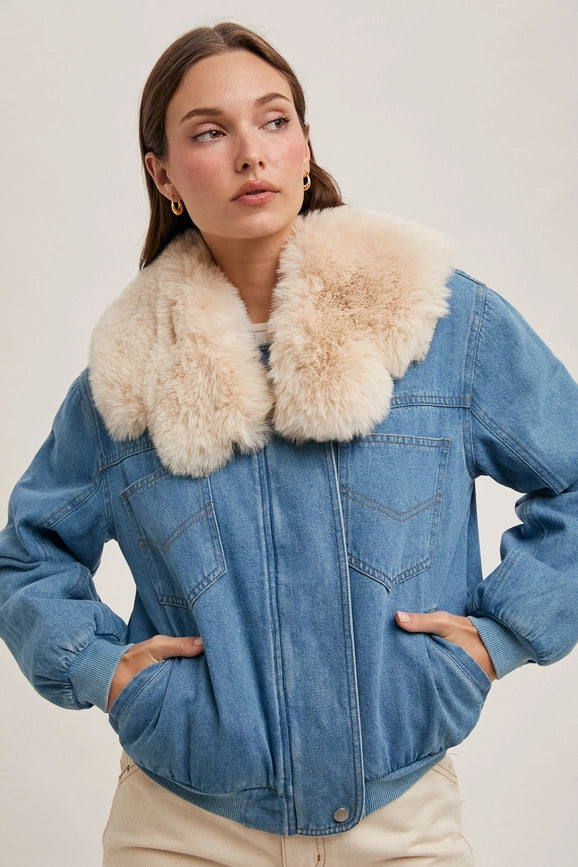 Faux Fur Detachble Denim Jacket-Jacket-Bluivy-S-LT.DENIM-Urbanheer