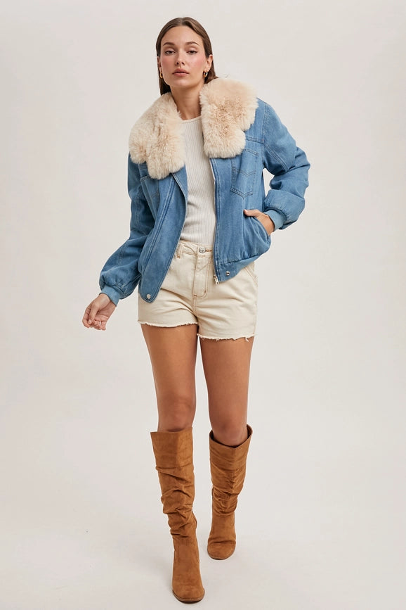 Faux Fur Detachble Denim Jacket-Jacket-Bluivy-S-LT.DENIM-Urbanheer
