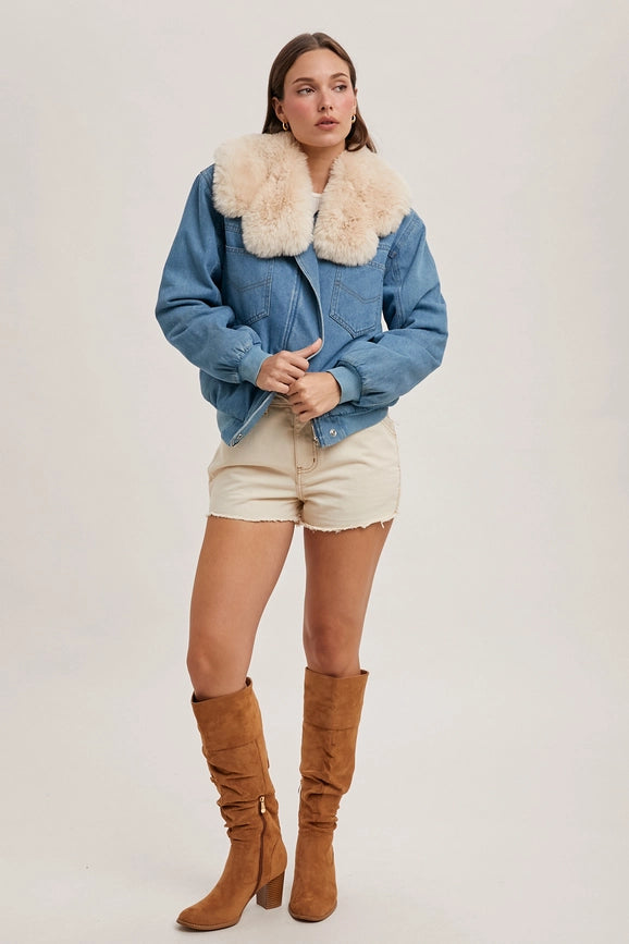 Faux Fur Detachble Denim Jacket-Jacket-Bluivy-S-LT.DENIM-Urbanheer